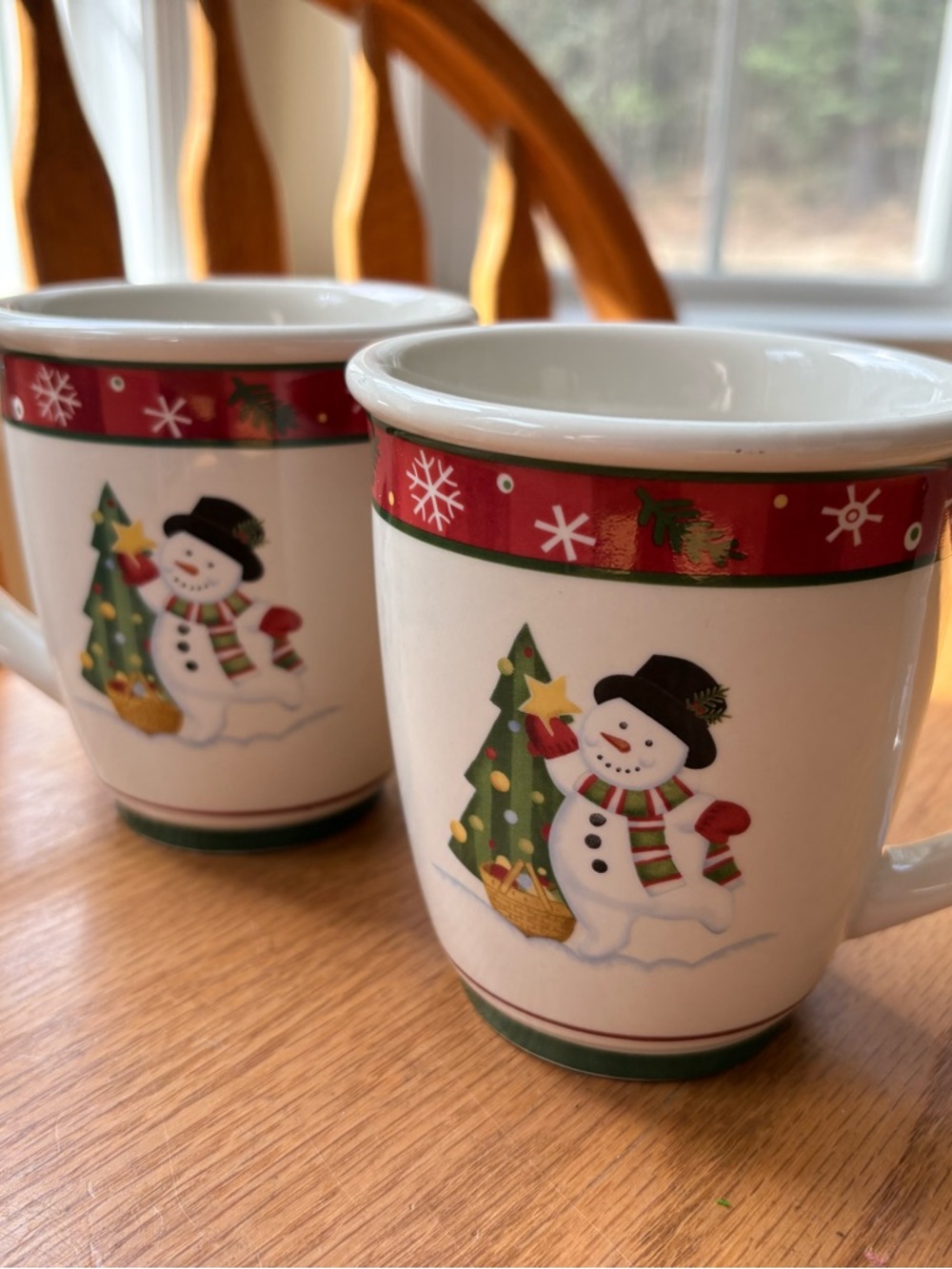 Longaberger White Ceramic Snowman & Christmas Tree Mugs with Red Trim